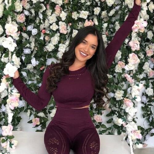 Women Gym Sets Long Sleeve Compression High Waist Sport Leggings Yoga Shirts Seamless Fitness Set Elastic Sportwear Yoga Suit