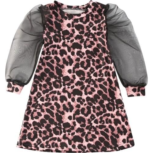 2020 Fashion Toddler Baby Girls Dress Leopard Print Long Lace Puff Sleeve Knee Length A-Line Dress 1-6Y
