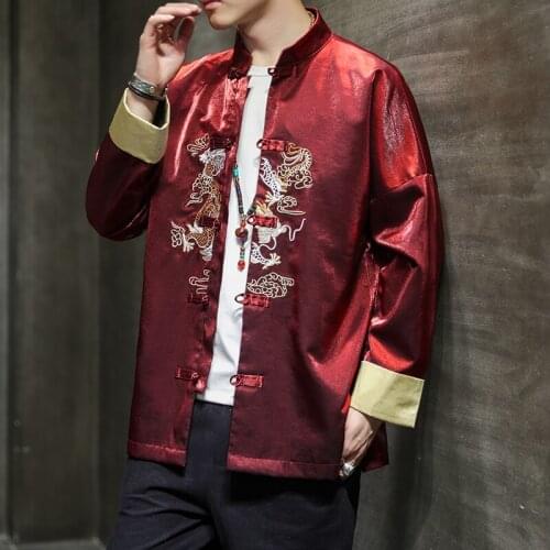 2020 Plus Size M-5XL Autumn Red Black Ice Silk Fabric Dragon Embroidery Tang Suit Traditional Chinese Clothing Men Tops Jacket