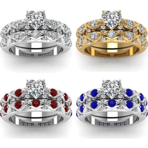 I & FDLK 2pcs/Set Fashion Heart Rings Set Exquite Crystal Zircon Ring For Women Engagement Wedding Band Jewelry Gift