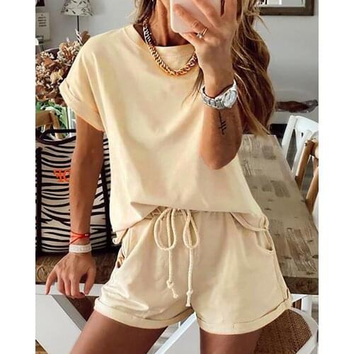 Leisure Clothes Set Women 2 Piece Set O-Neck Casual Solid New Womens Two Piece Suit 2021 Summer New Elastic Waist Solid Color