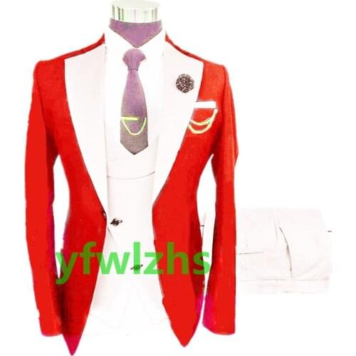 Handsome One Button Groomsmen Notch Lapel Groom Tuxedos Wedding Dress Men Suits Blazer Prom Dinner (Jacket+Pants+Tie+Vest) A195
