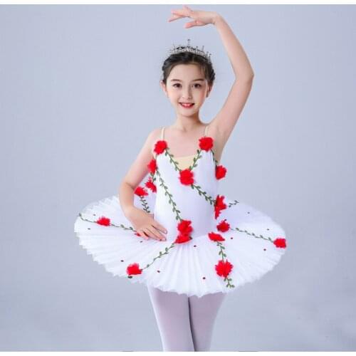 Red Flowers Professional Ballet Tutu Child Kids White Swan Lake Pancake Tutu Women Ballerina Dance Costume Ballet Dress Girls