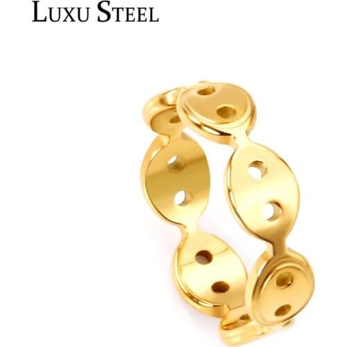 LUXUSTEEL Oval With Double Holes Rings For Women Gold Color Classic Trendy Simplicity Style Stainless Steel Rings Wedding Daily