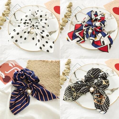 Fashion Bow Chiffon Scrunchie Hair Accessories For Women Round Dot Stripe Simlation Pearl Elastic Tied Ponytail Holder Hair Band