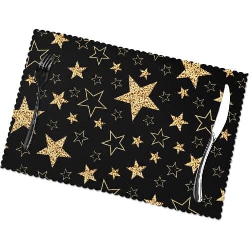 Tableware Pad Placemats 6 PcsTable Mat Non-Slip Golden Stars Black Background Placemats for Dining Table