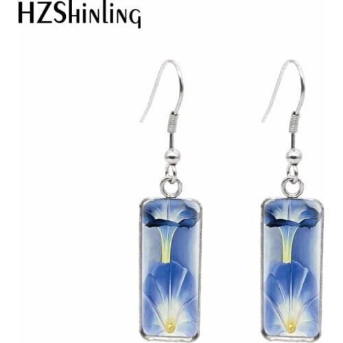 2021 New Nature Blue Flowers Rectangular Earring Flower Painting Fish Hook Earrings Glass Cabochon Handmade Jewelry