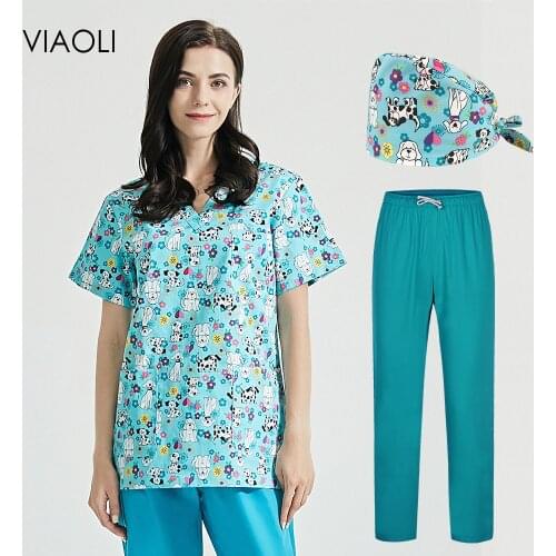 New Animal Flower Printing Scrub Uniform Beauty Salon Work wear Lab Dust Proof Spa Uniforms Pet Shop Scrubs Uniform Work Clothes