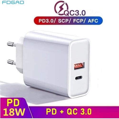 FDGAO 18W Type C USB Charger For iPhone 12 Pro Max Mini 11 X 8 XS Quick Charge 3.0 QC PD Dual Fast Charging Travel Wall Charger