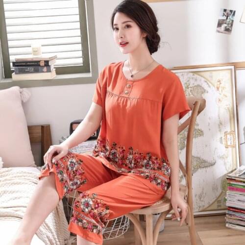 Womens short sleeve Embroider Flower pajamas set Summer New 3XL cotton pyjamas For mother Soft Home Leisure wear