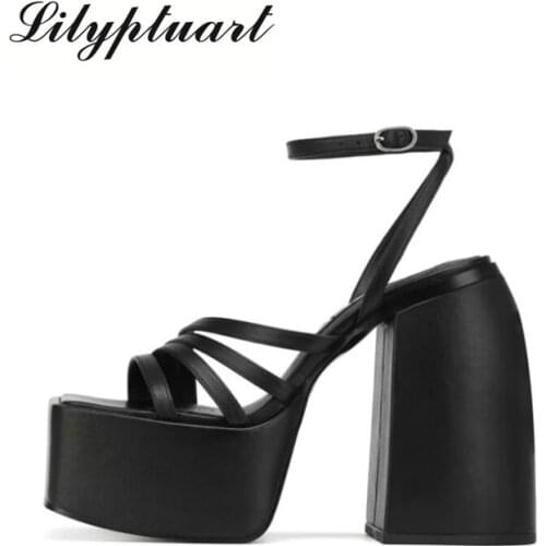 2021 New High Heels Women Sandals Thick Platform Female Slippers Buckle Strap Dress Office Ladies Wedding Microfiber Leather 42