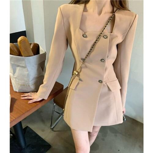 One-Piece Blazer Women Dresses Spring French Chic Square Collar Slim Waist Long Sleeve Dress Korean Ladies Suit Dress Party 2021