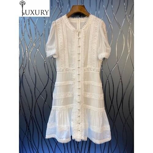 Summer Fashion Party 2020 Club Dresses Women O-Neck Hollow Out Lace Embroidery Ball Deco Short Sleeve White Black Cotton Dress