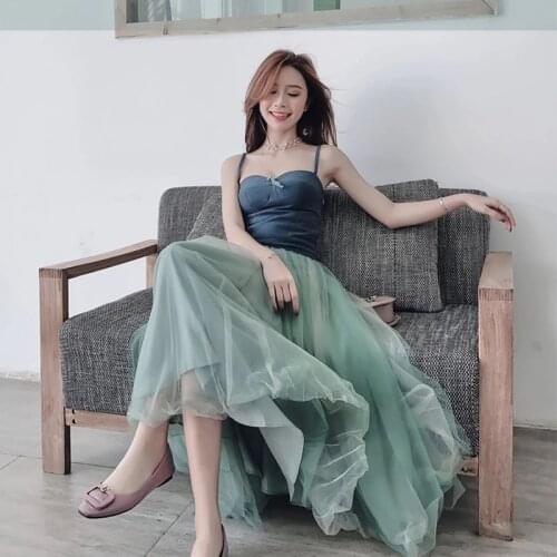 2021 Spaghetti Strap Ball Gown Ankle-Length Show Thin Pure Color Dress Summer Long Beach Dress