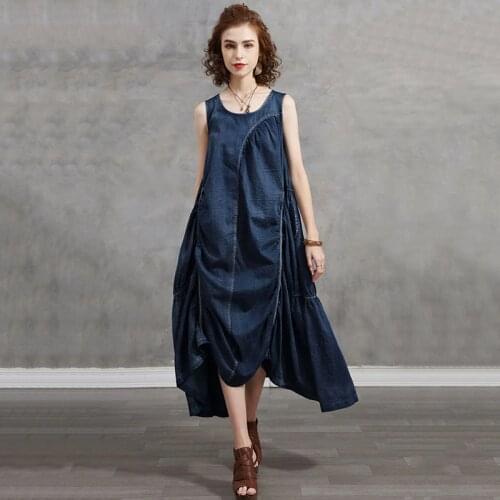 SeeBeautiful Vintage Irregular Stitching Loose A-line Denim Dress O Neck Sleeveless New Fashion Summer 2021 Woman E272