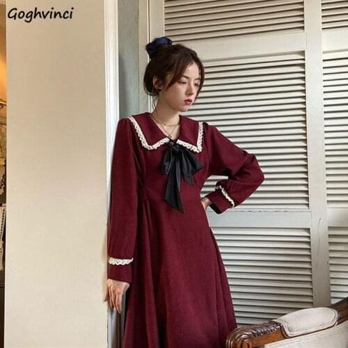 Women Long Sleeve Dress Solid Lace Vintage Turn-down Collar Drawstring French Style Loose High Waist Elegant Simple Student Chic