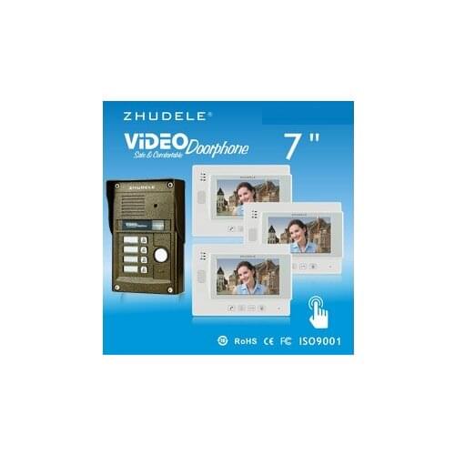 ZHUDELE 3-Apartment 7" LCD Monitor Speakerphone Intercom Color Video Door Phone Doorbell Access Control System IR Doorphone