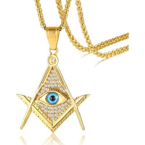 2021 Trendy Titanium Steel With Rhinestone Eyes Freemason Personalized And European And America Style Gold Pendant Necklace