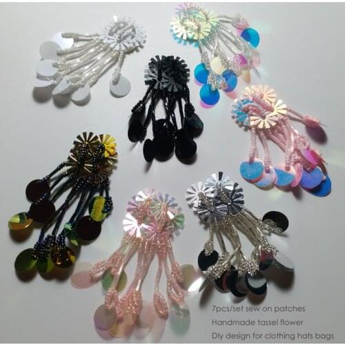 7pcs/set DIY Handmade tassel Rhinestone beaded Patch Embroidery flower patches for clothing bags decorative parches appliques