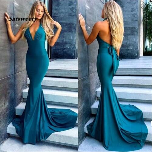 Turquoise Blue Side Slit Mermaid Bridesmaid Dresses Long Sexy Backless Wedding Party Dress 2020 V-Neck Bride Maid of Honor Gowns