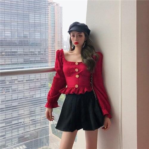 Square Collar Blusas Fashion Brand Spring Fall Women Blouses Mujer De Moda Shirts Crop Top Long Sleeve Red Black Vetement Femme