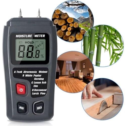 EMT01 Two Pins Digital Wood Moisture Meter 0-99.9% Wood Humidity Tester Timber Damp Detector with Large LCD Display