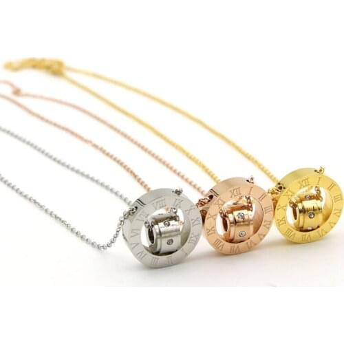 Hot Sale Roman Numerals Double Round With Crystal Gold Color / Silver Color / Rose Gold Color Stainless Steel Necklace