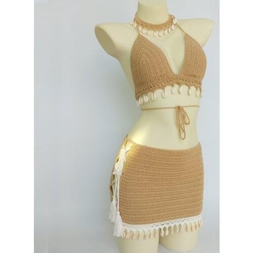 Fashion 3 piece bikini set woman tassel crochet than lace kini top sexy beach dress mini skirt and shell necklace