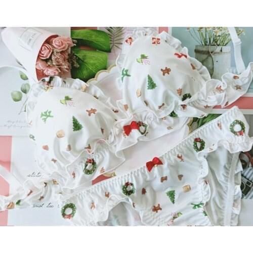 Christmas Tree Japanese Milk Silk Bra & Panties Set Wirefree Soft Underwear Sleep Intimates Set Kawaii Lolita Color White