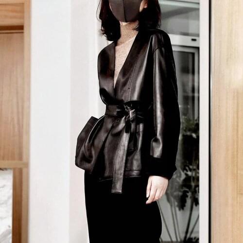 Deep V-neck Black Faux Leather Jackets Belt PU Bomber Jacket Lady Soft Loose Coat Forextolux 2020 Autumn Spring Women