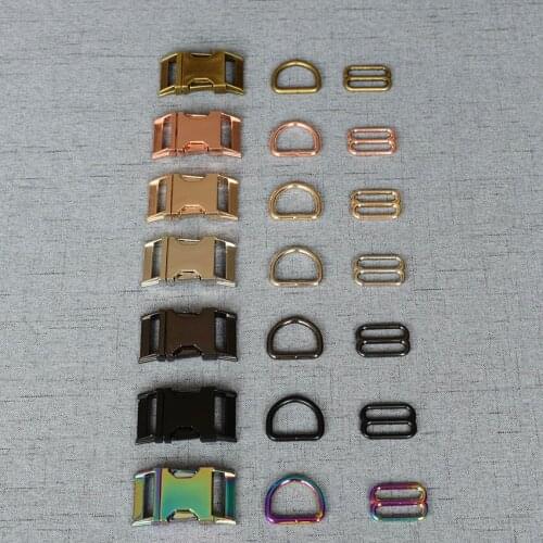 LOGO 10 Sets 15mm 20mm 25mm Metal Adjust Buckle D Ring/Three-Piece DIY Dog Collar Accessory High Quality Plated 7 Colour