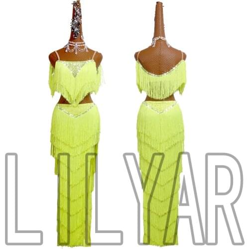 New Latin Dance Dress Competition Dress Costumes Skirt Performing Dress Rhinestones Adult Customize Children Purple Tassel Skirt