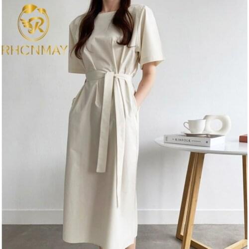 Chic Casual Square Collar Mid-length Women Dress Short Sleeve Loose Lace-up Female Dress 2021 Summer Solid Vestidos