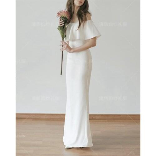 Floor Length Off Shoulder Wedding Dress 2021 Korean Soft Satin Sheath Short Sleeves Bridal Gowns vestidos de mairee Wedding