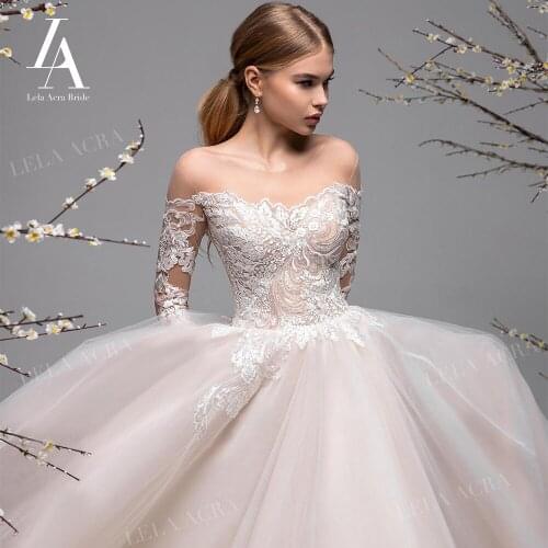 Vintage Appliques Wedding Dress Sweetheart Long Sleeve Lace A-Line Court Train Princess LelaAcra R014 Bridal Vestido De Noiva