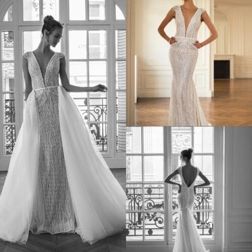 Gorgeous Mermaid Overskirts Wedding Dresses V Neck Full Lace Wedding Dress Bridal Gowns With Pockets