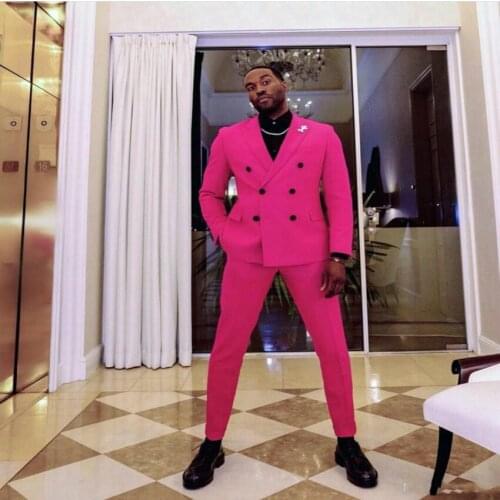 High Quality 2020 Summer Fuchsia Beach Wedding Tuxedos Double Breasted Mens Groom Suits Notched Lapel Slim Fit Prom Party Blazer