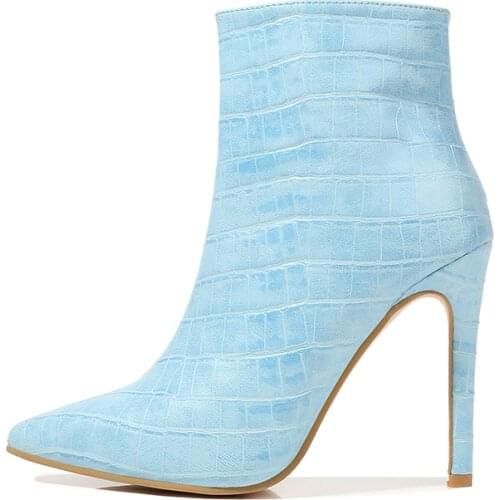 2020 New Luxury Women Pink Blue Boots Sexy Thin High Heels Fetish Stripper Booties Warm Fur Print Sweet Ankle Boots Pointy Shoes