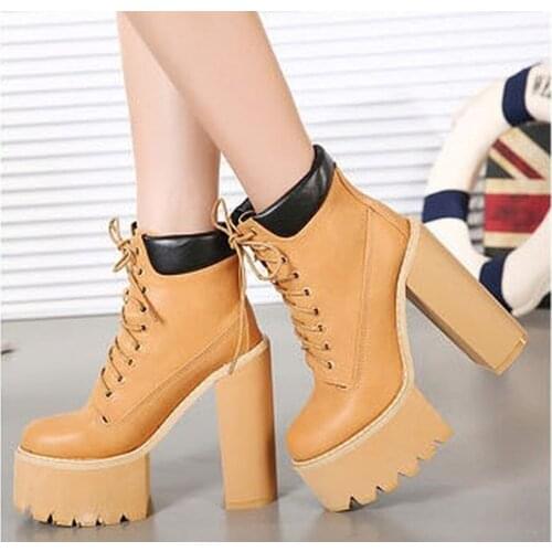 Women Chunky Block High Heel Riding Motor Ankle Boots Lace up Platform Shoes Punk 3Colors New 2022