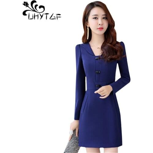 UHYTGF Women dresses solid color long-sleeved pullover autumn winter dress women fashion round neck temperament female dress 756