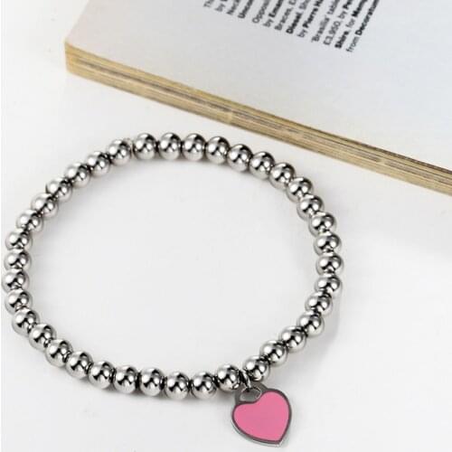 Classic Design Light Blue And Pink Enamel Heart Charm Bead Bracelet High Quality Titanium Steel Jewelry Love Woman Bracelet
