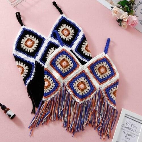 Women Crochet Knit Camisole Multicolor Plaid Rhombus Pattern Boho Crop Top Sexy V-Neck Tassel Beach Sleeveless Vest