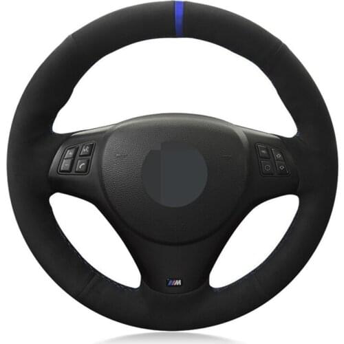 Car Steering Wheel Cover Black Genuine Leather Suede Blue Marker For BMW M Sport M3 E90 E91 E92 E93 E87 E81 E82 E88 X1 E84 Parts