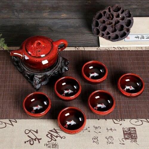 Ceramic 3D Koi Fish Kung Fu Tea Cup Tea Ceremony Teapot Matcha Cup Set 7pcs red