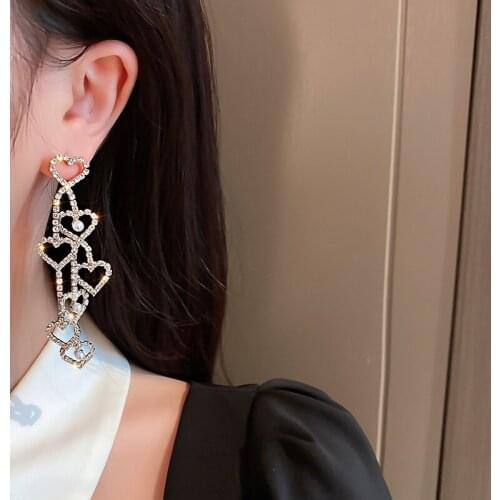 Korean Fashion Shining Rhinestone Heart Dangle Earrings Vintage Hollow Geometric Long Tassel Earrings Party Jewelry