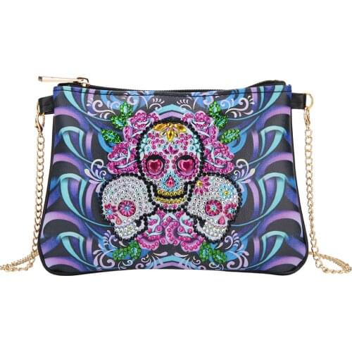 Diy Shaped Diamond Painting Skull Flower Leather Crossbody Chain Bags Embroidery Zipper Bag Cosmetic Storage Bag Wallet Pouch