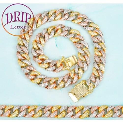 12mm Mixed Color Cuban Chain Link With Bracelet Mens Hip Hop Necklace Rock Jewelry