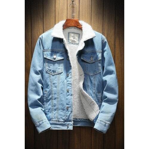 Men Light Blue Winter Jean Jackets Outerwear Warm Denim Coats New Men Large Size Wool Liner Thicker Winter Denim Jackets Size2XL