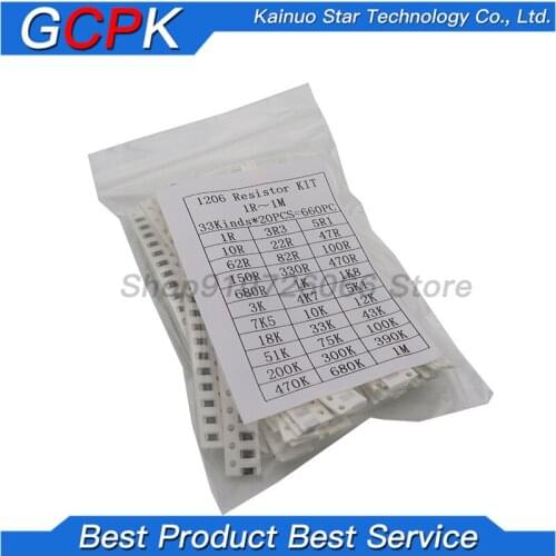 1206 SMD Resistor Kit Assorted Kit 1ohm-1M ohm 1% 33valuesX 20pcs=660pcs Sample Kit