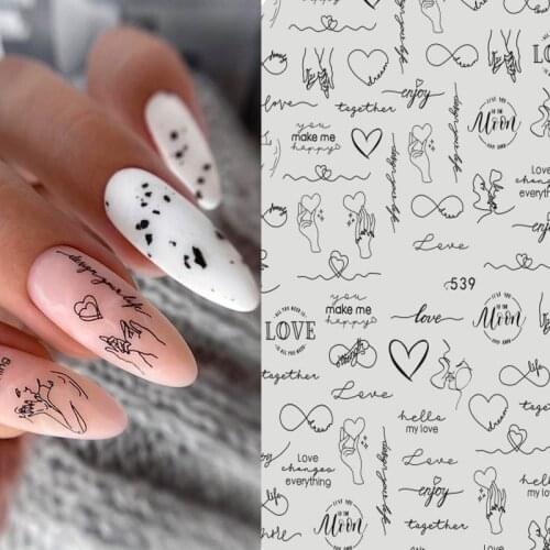 2021 New 3D Nail Art Stickers Bohemia Black Love Heart Letter Image Nails Stickers for Nails Sticker Decorations Manicure Z0445